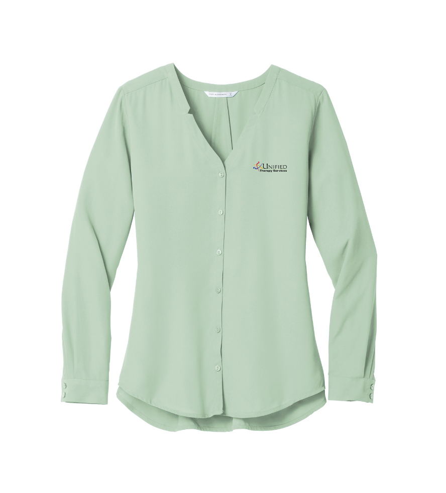(EMB-2) Ladies Long Sleeve Button-Front Blouse (LW700) (dk garments HO13E-LC-W) (lt garments HO13E-LC-B)