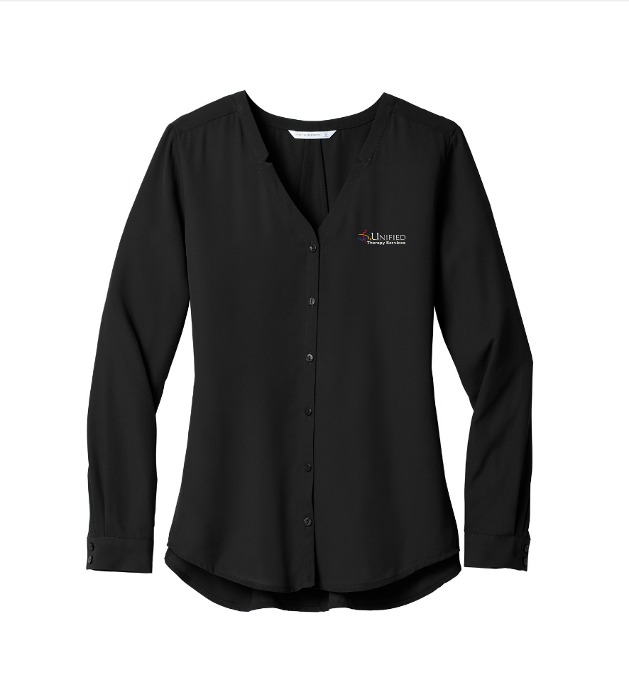 (EMB-2) Ladies Long Sleeve Button-Front Blouse (LW700) (dk garments HO13E-LC-W) (lt garments HO13E-LC-B)