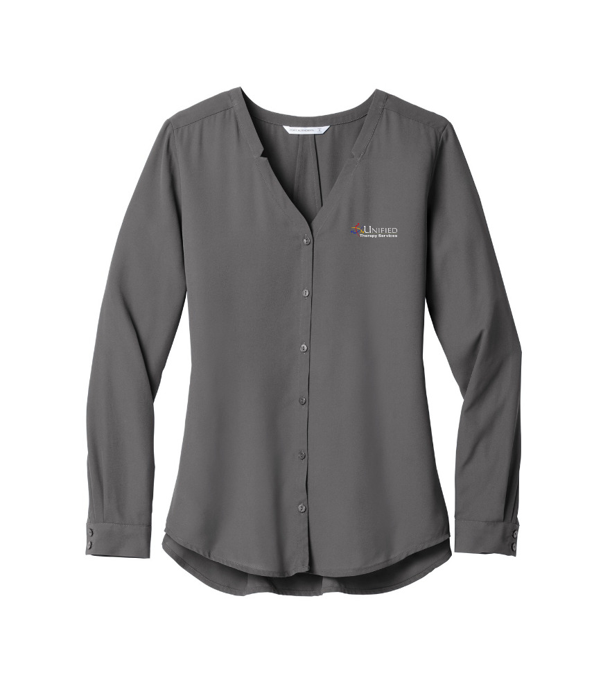 (EMB-2) Ladies Long Sleeve Button-Front Blouse (LW700) (dk garments HO13E-LC-W) (lt garments HO13E-LC-B)