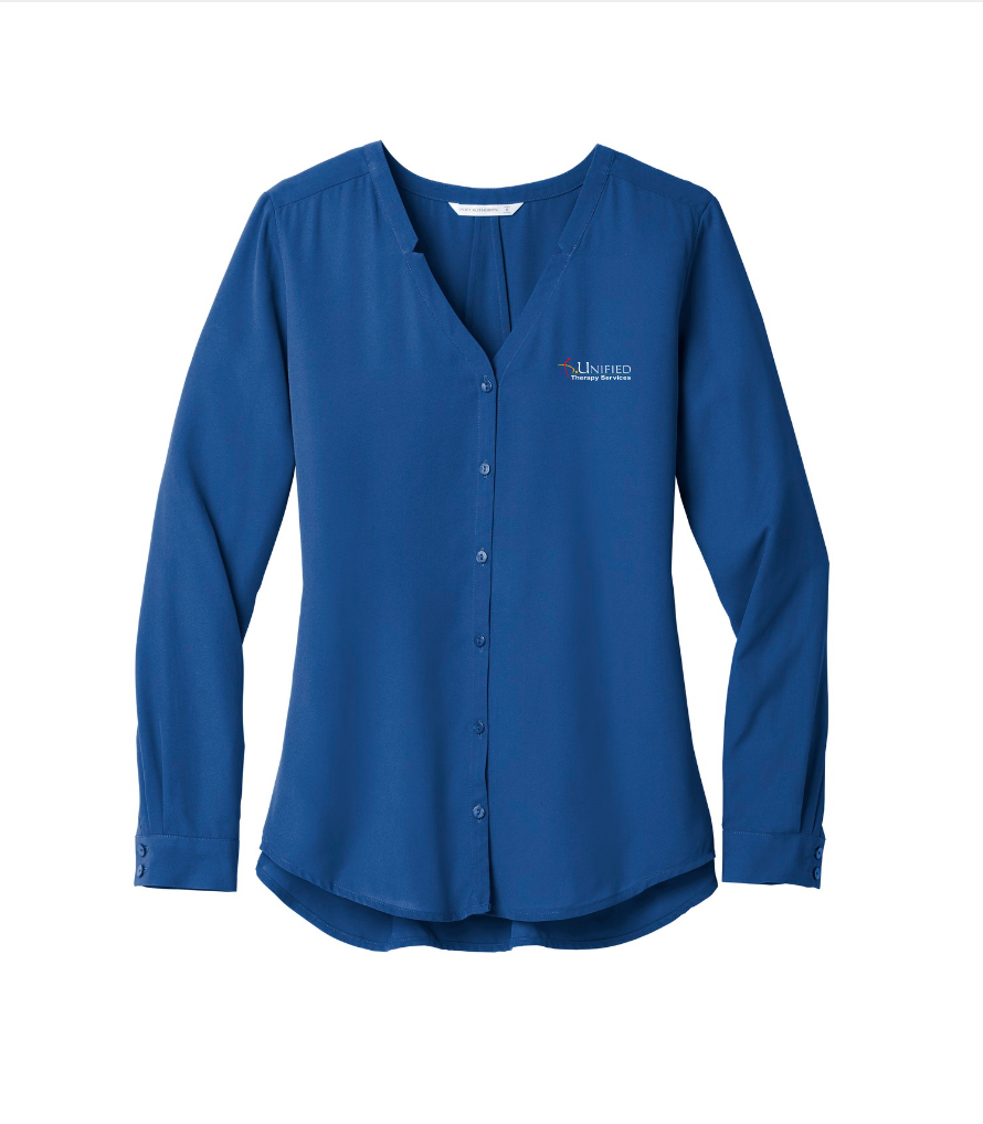 (EMB-2) Ladies Long Sleeve Button-Front Blouse (LW700) (dk garments HO13E-LC-W) (lt garments HO13E-LC-B)
