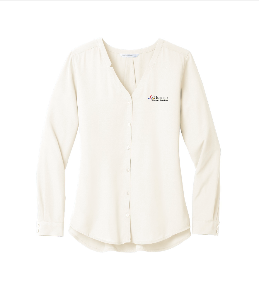 (EMB-2) Ladies Long Sleeve Button-Front Blouse (LW700) (dk garments HO13E-LC-W) (lt garments HO13E-LC-B)