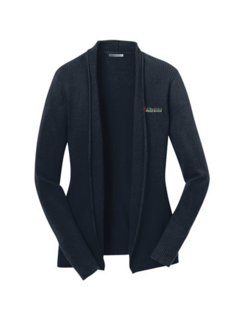 (EMB-2) Ladies Open Front Cardigan (LSW289) (dk garments HO13E-LC-W) (lt garments HO13E-LC-B)