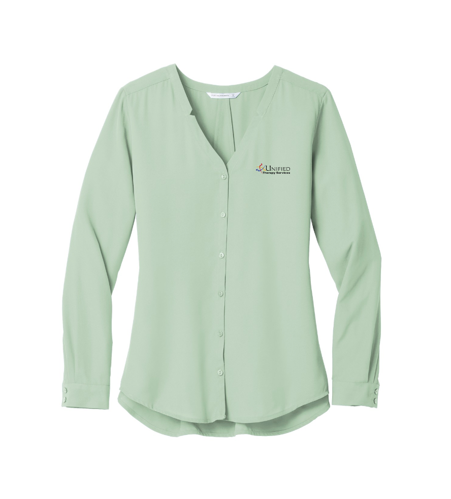 (EMB-2) Ladies Long Sleeve Button-Front Blouse