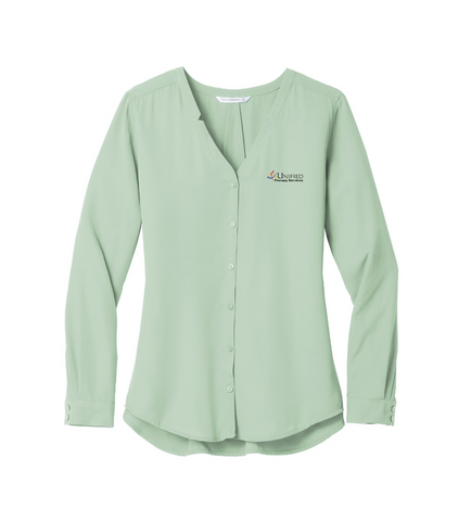 (EMB-2) Ladies Long Sleeve Button-Front Blouse