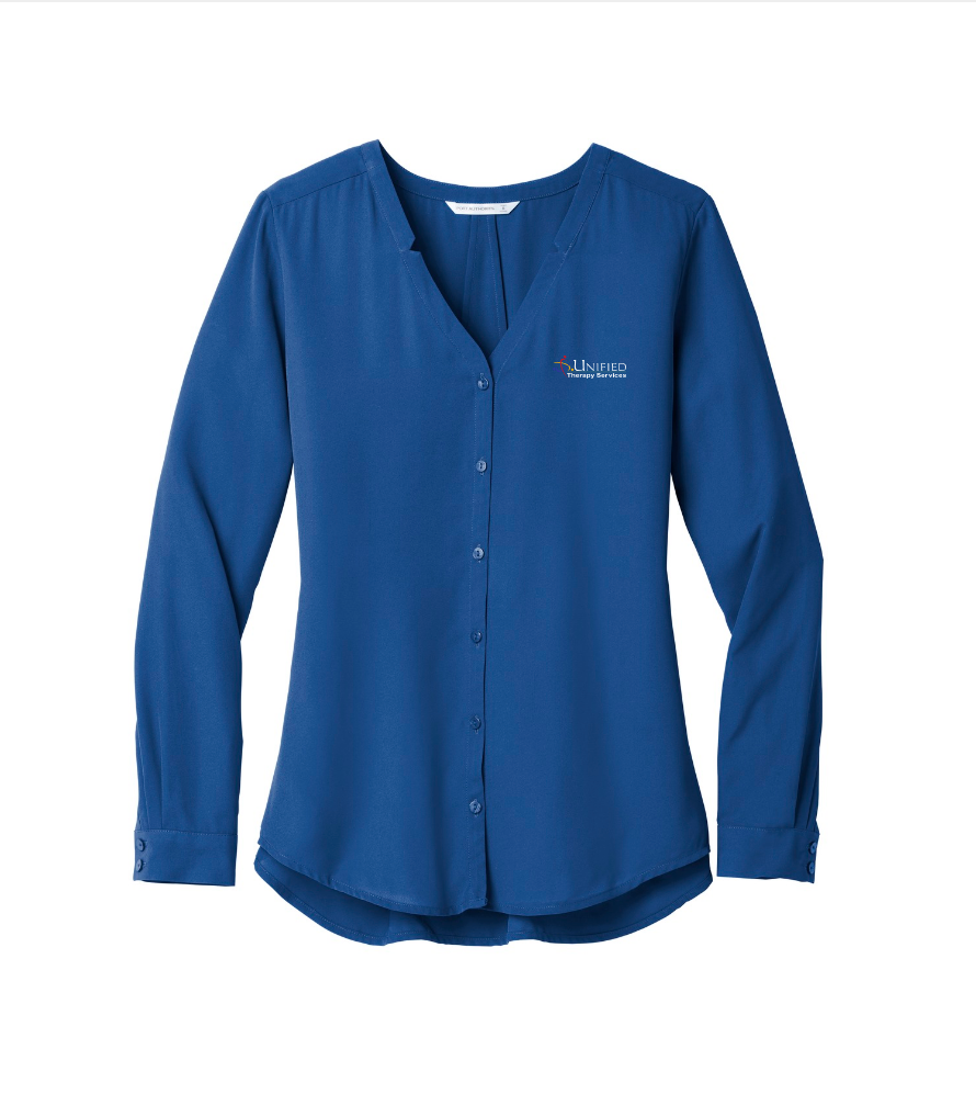 (EMB-2) Ladies Long Sleeve Button-Front Blouse